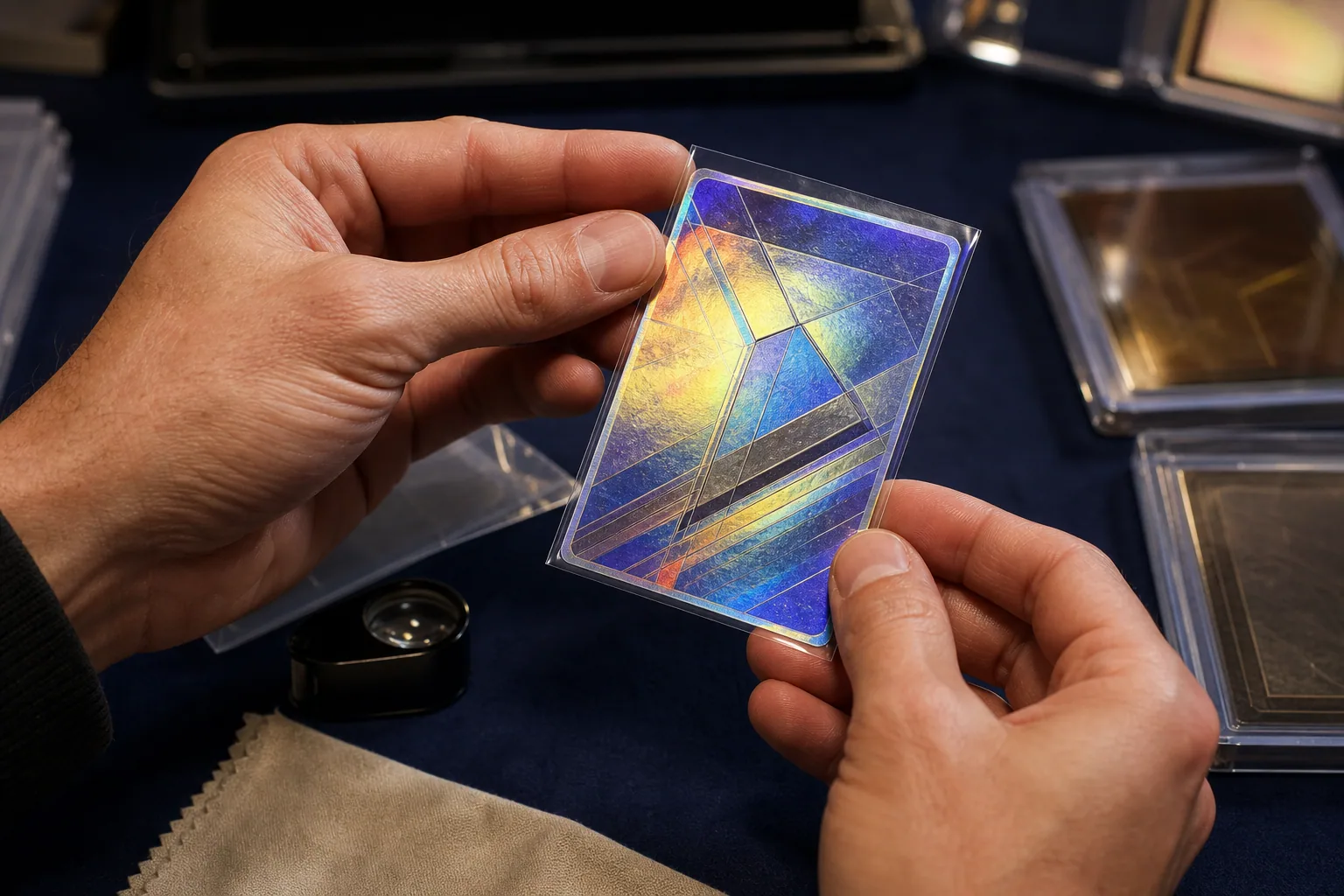 Adult hands inspecting a generic foil trading card under angled task lighting