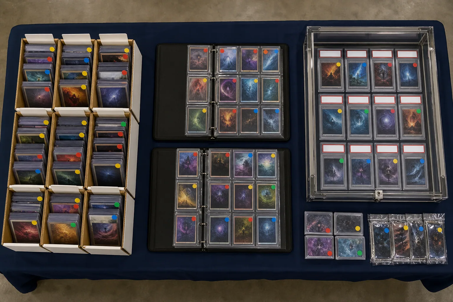 Top-down card-show table divided into boxes, binders, and a locking showcase