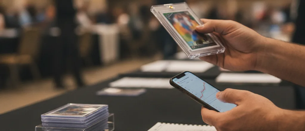A card show vendor holding a slabbed card in one hand while checking recent sold prices on a phone, with price stickers and a notebook on the table
