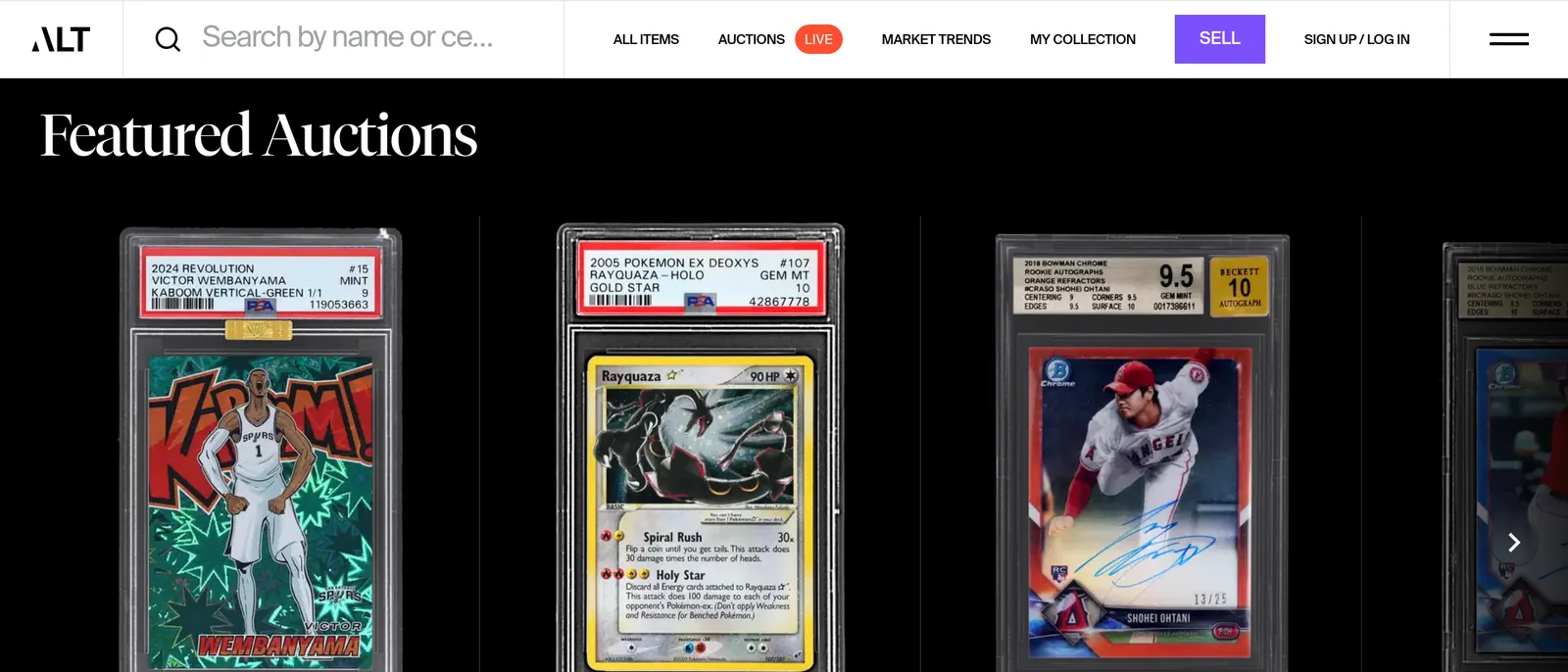 ALT featured auctions page showing PSA and BGS graded slabs with live bid prices