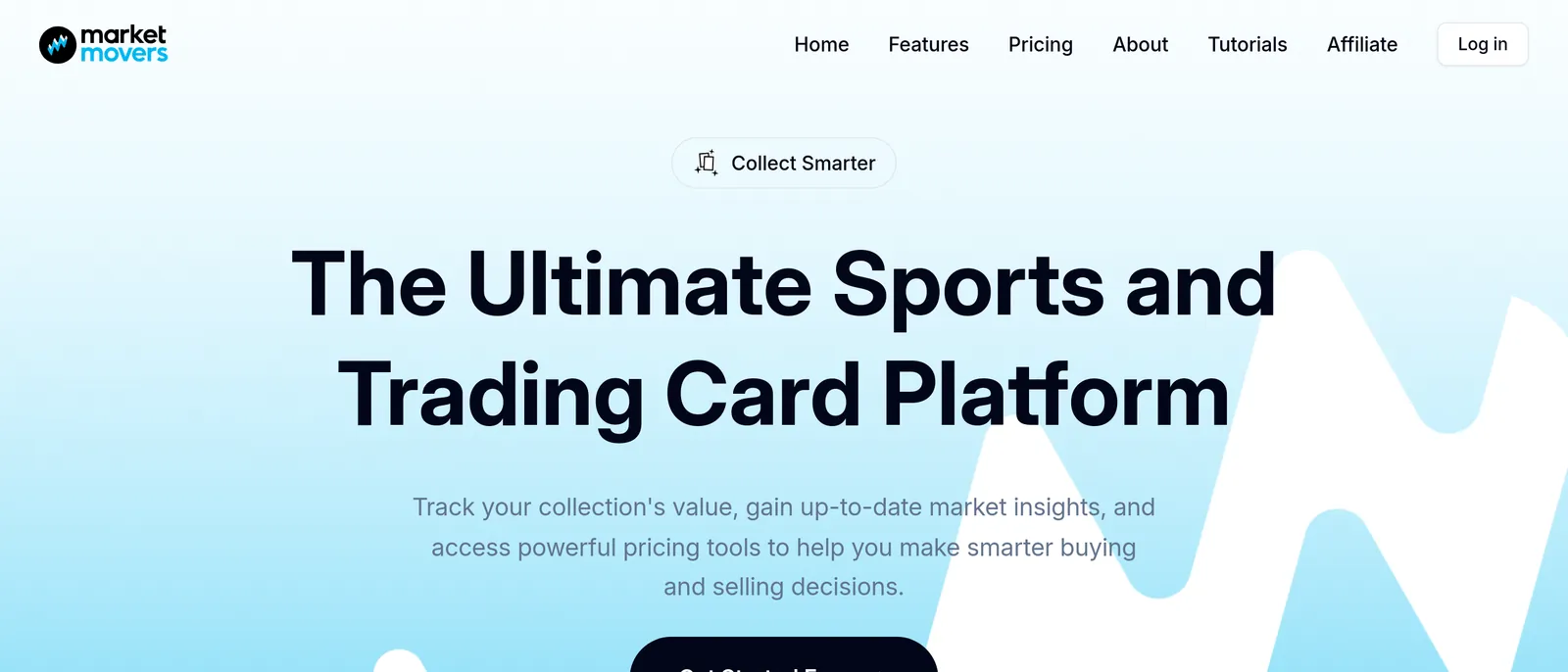 The Market Movers homepage calling itself the ultimate sports and trading card platform, with phone mockups of card detail pages