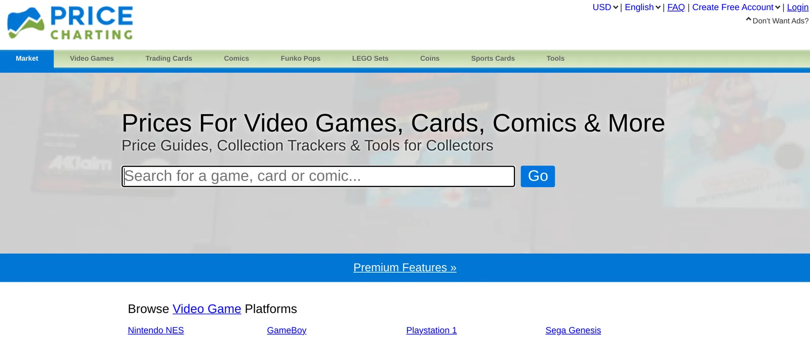 The PriceCharting homepage with its price guide search box for video games, cards, and comics