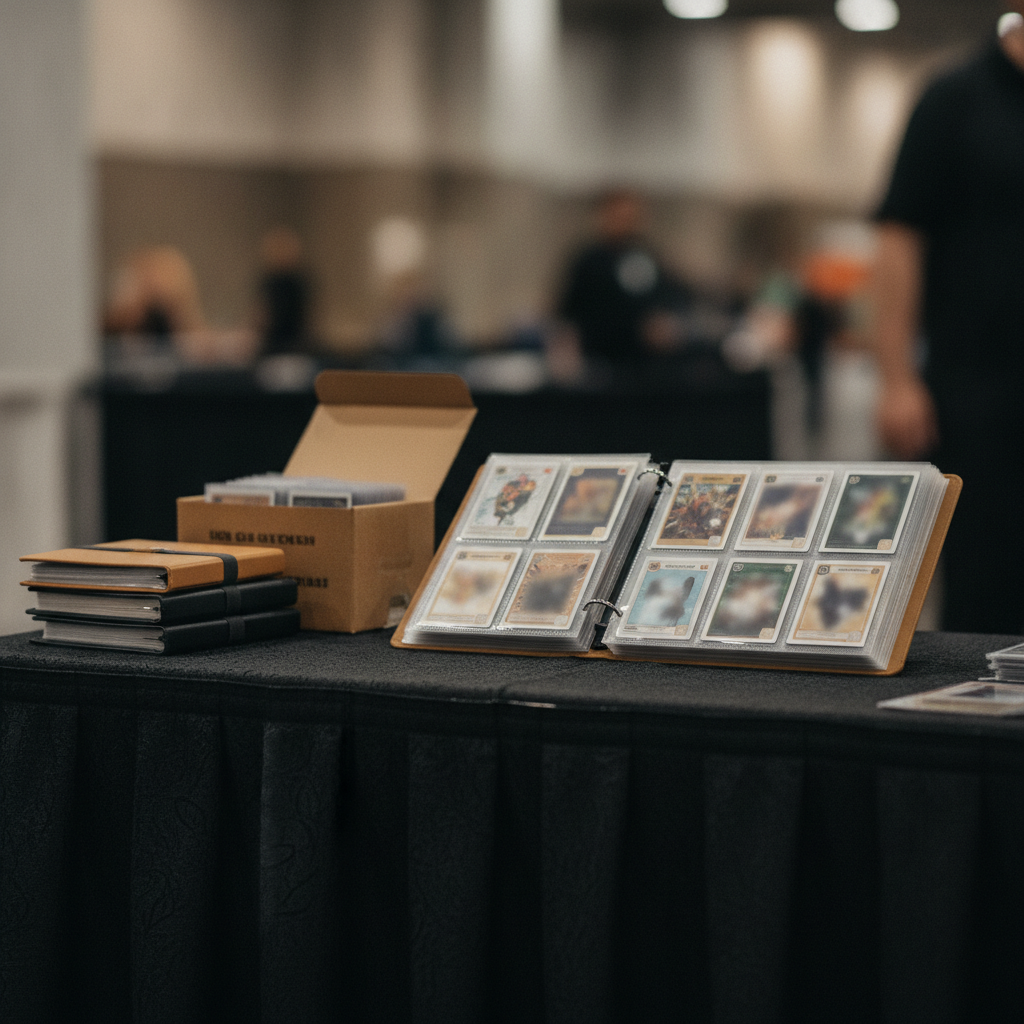 An open nine-pocket card binder on a black-draped vendor table