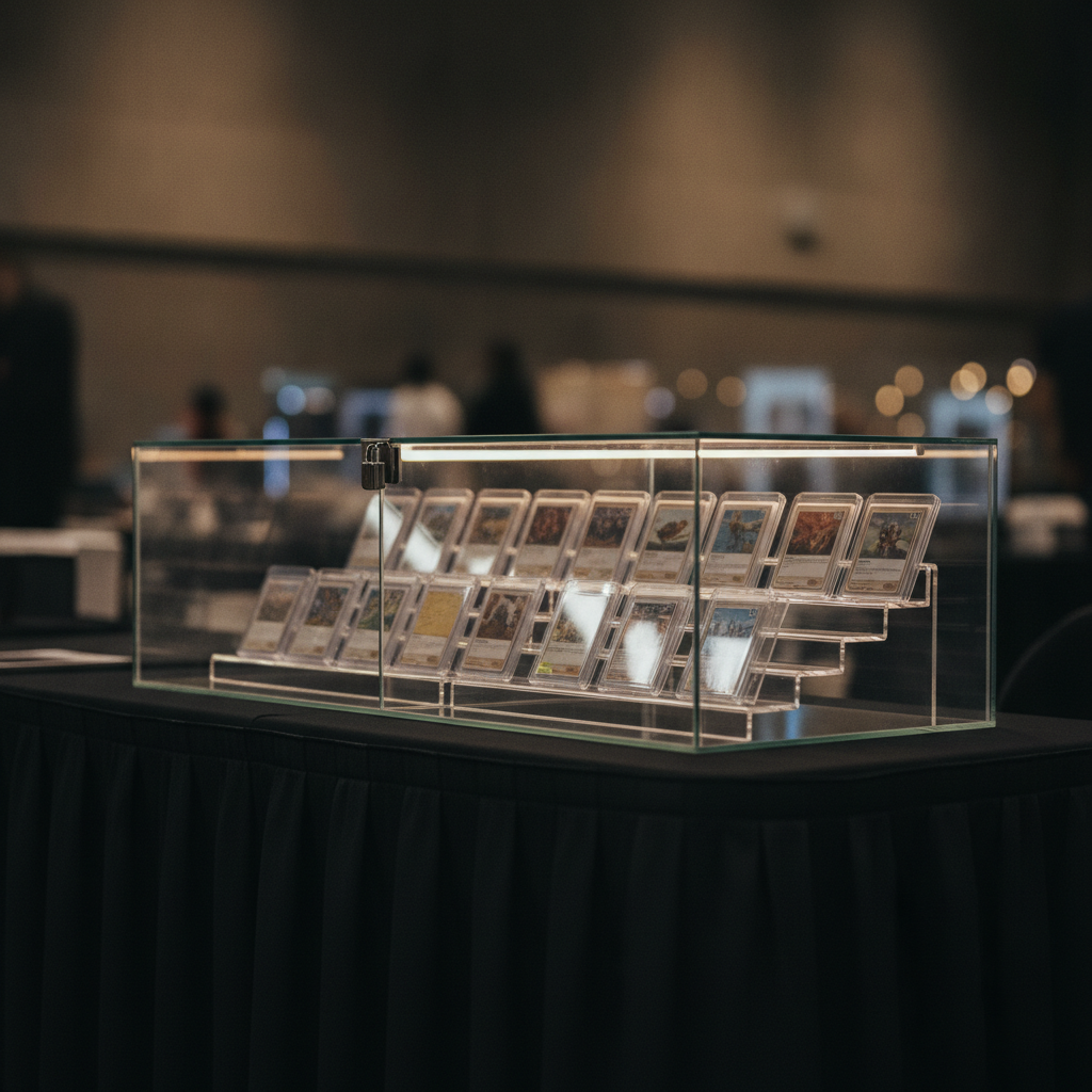Graded card slabs angled on tiered risers inside a locked glass showcase