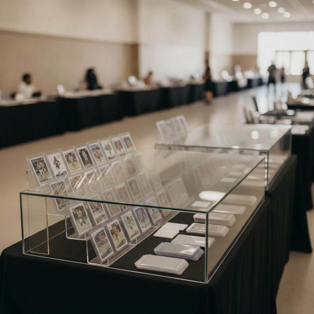 A card show vendor table with graded slabs tiered on risers inside a glass showcase